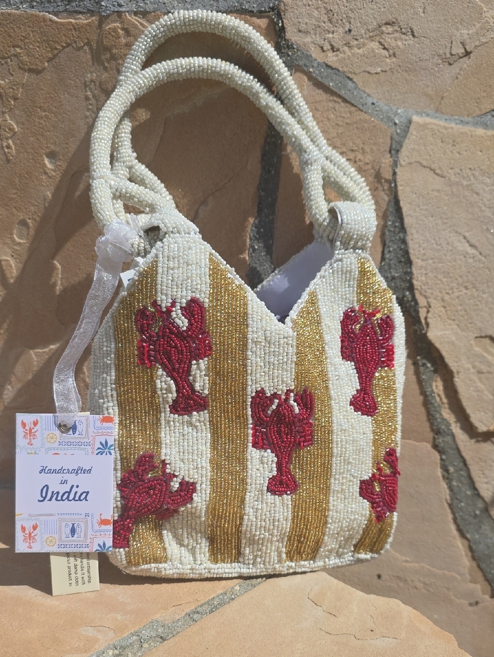Viral Handcrafted Cream & Gold Beaded Red Lobster Purse